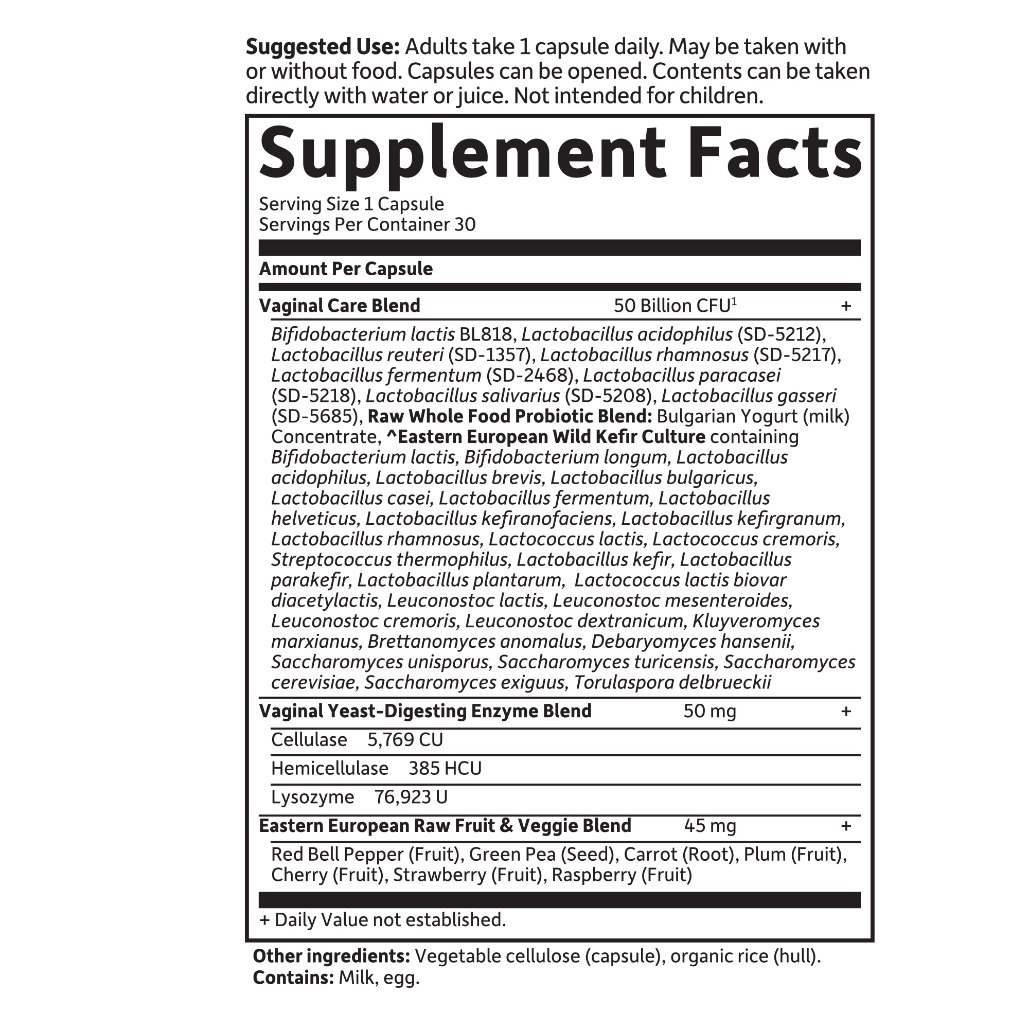 Garden of Life Raw Probiotics Vaginal Care daily serving instruction on label