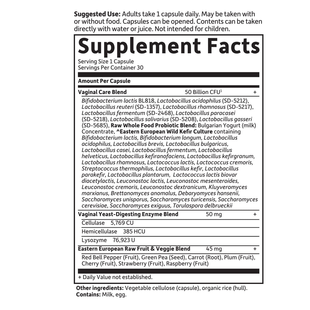 Garden of Life Raw Probiotics Vaginal Care daily serving instruction on label