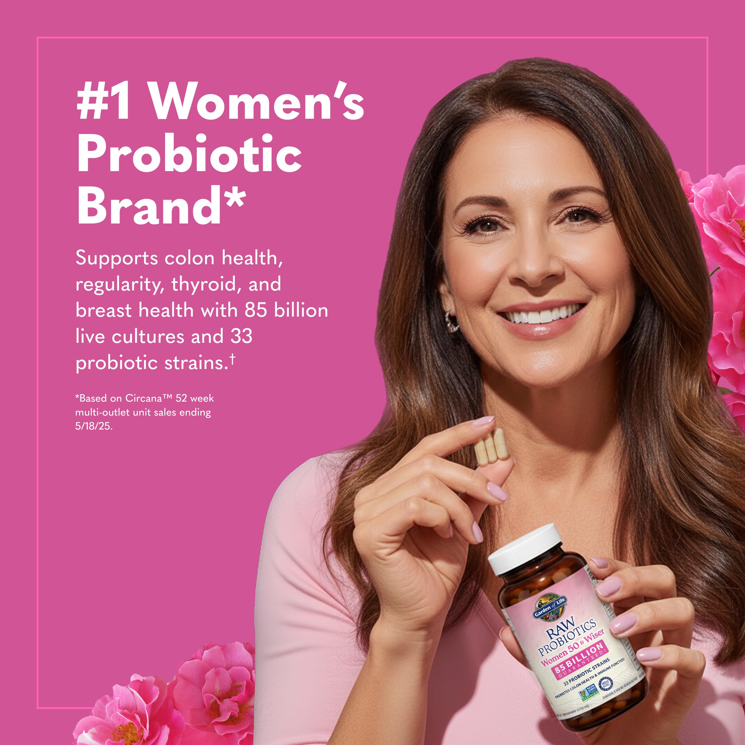 Garden of Life Raw Probiotics Women 50 & Wiser label close up highlighting probiotic strains for immune and colon health support