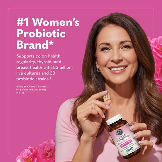 Garden of Life Raw Probiotics Women 50 & Wiser label close up highlighting probiotic strains for immune and colon health support
