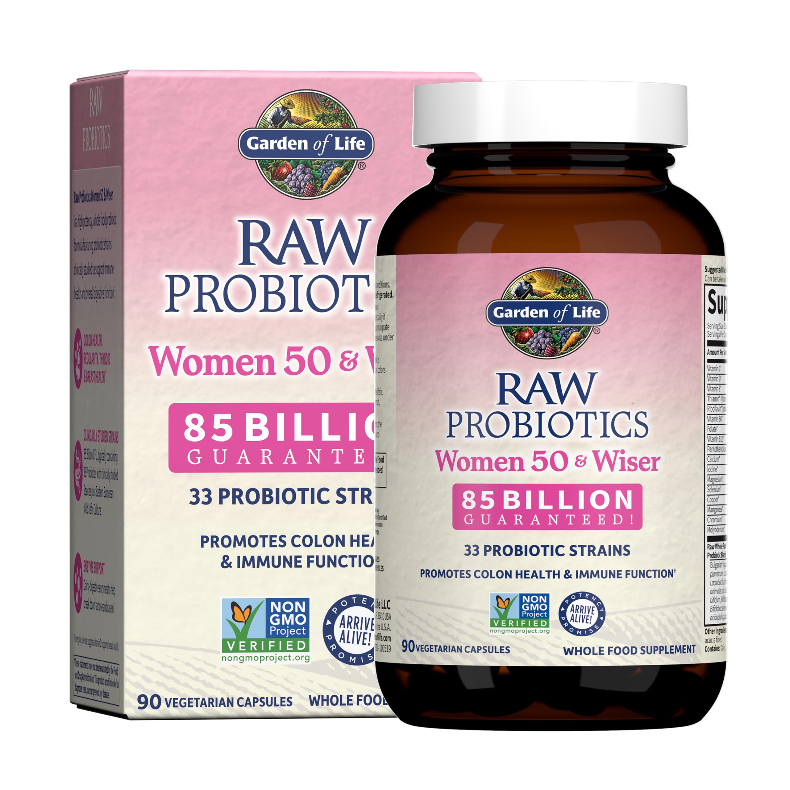 Garden of Life Raw Probiotics Women 50 & Wiser bottle with 90 capsules on white background for gut health support
