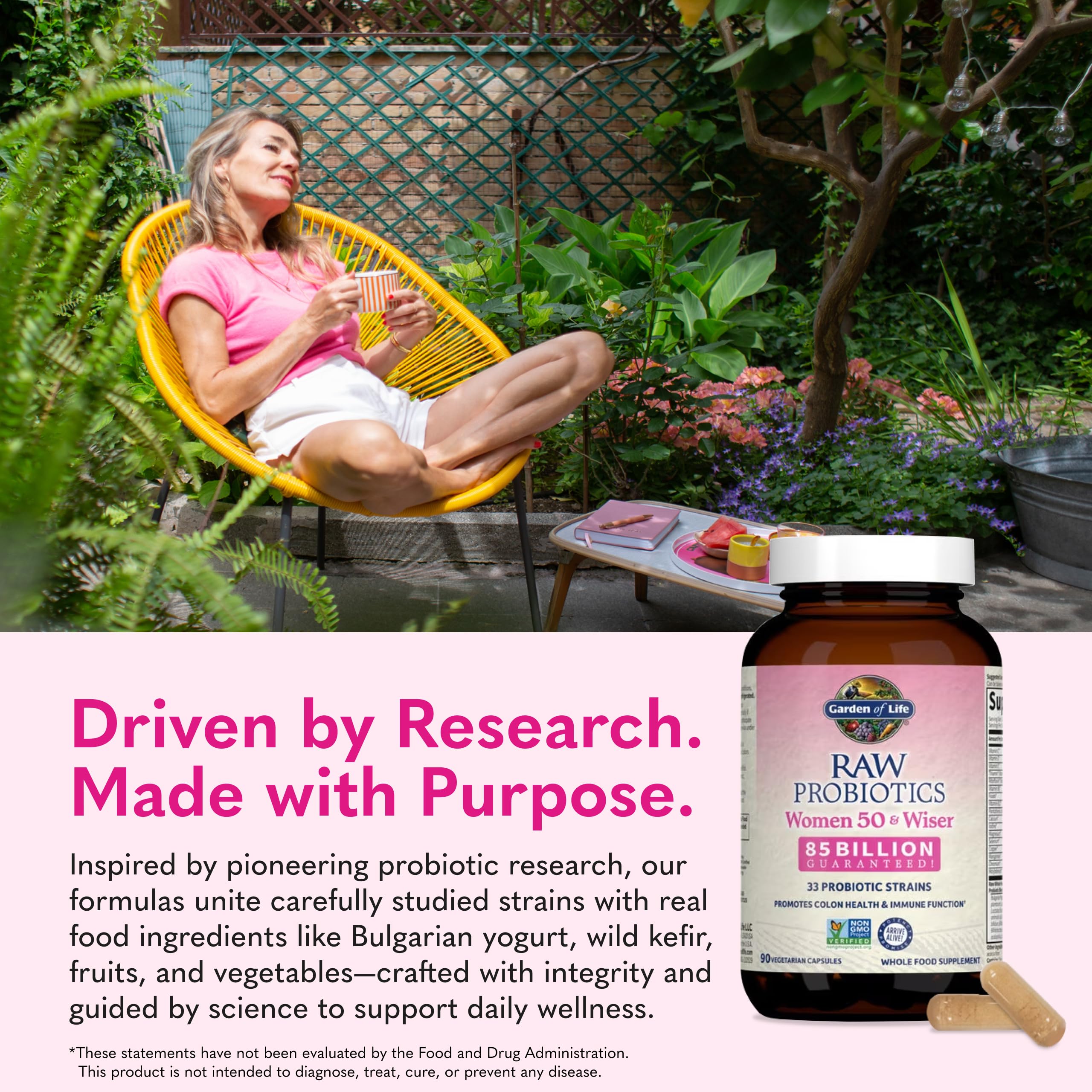 Garden of Life packaging with 90 vegetarian capsules highlighting clean label