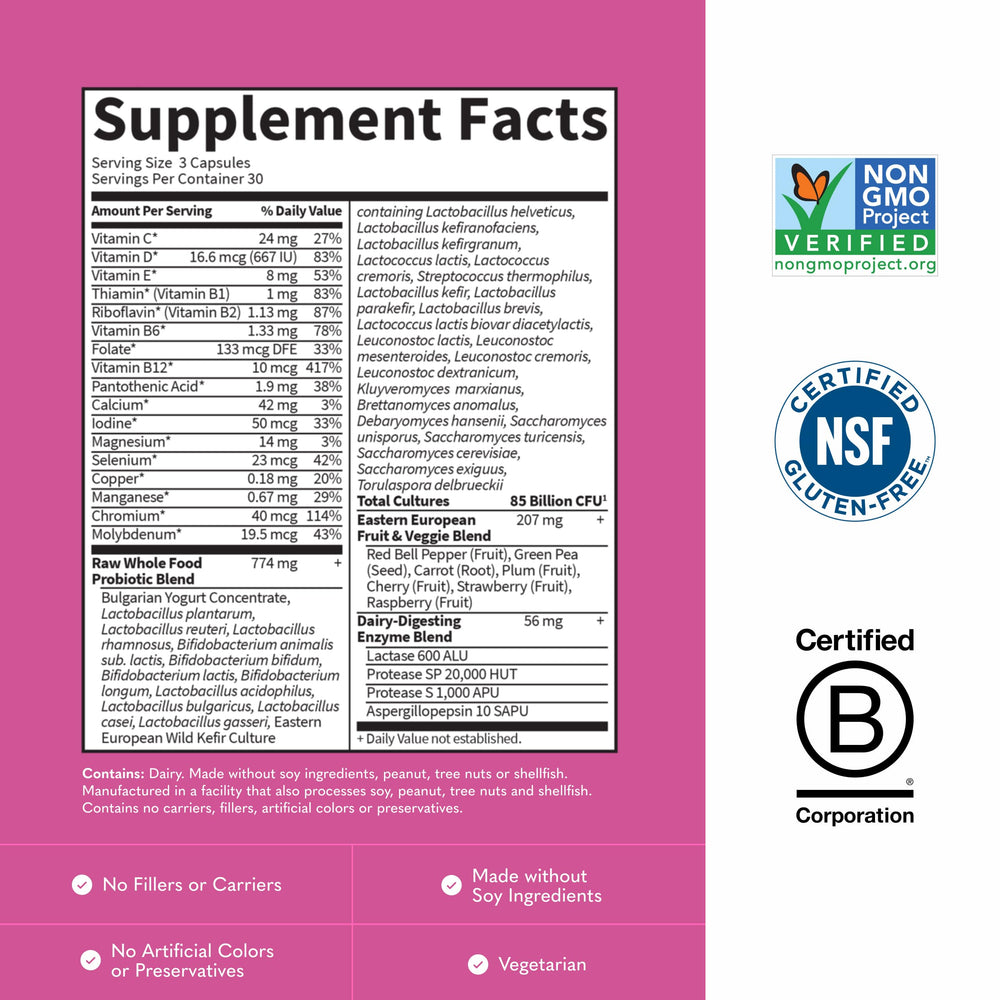Raw Probiotics Women 50 & Wiser capsule imagery showcases vegetarian capsules for clean daily use