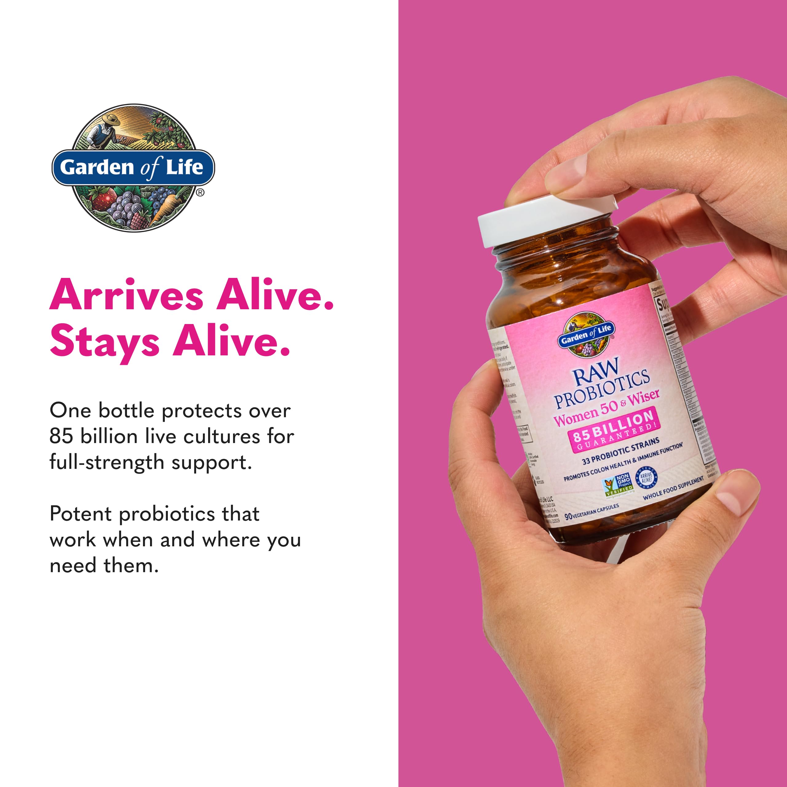 Garden of Life probiotic cap close up emphasizing dairy-digesting enzymes