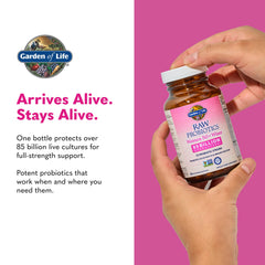 Garden of Life probiotic cap close up emphasizing dairy-digesting enzymes