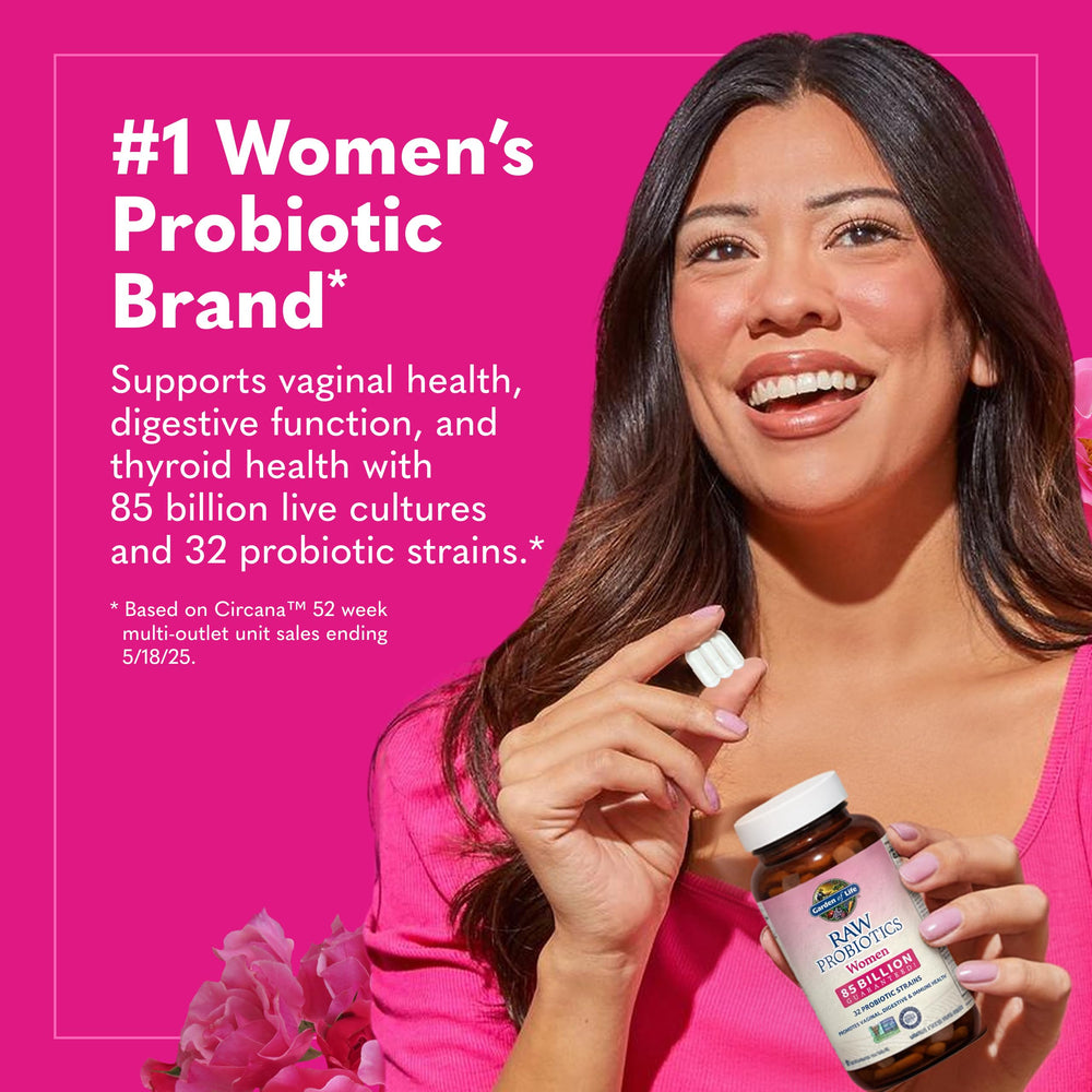 Garden of Life Raw Probiotics Women 85B cultures per serving highlighted on label