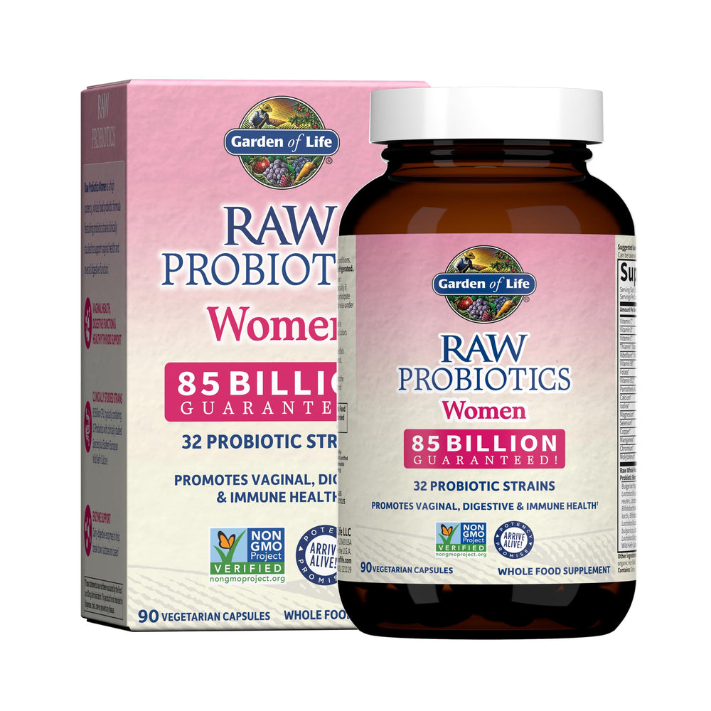 Garden of Life Raw Probiotics Women bottle highlighting 85B cultures for gut and vaginal balance
