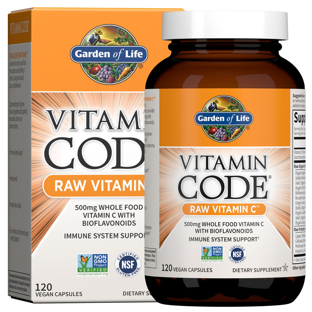 Garden of Life Raw Vitamin C bottle showing 500 mg capsules for immune support.