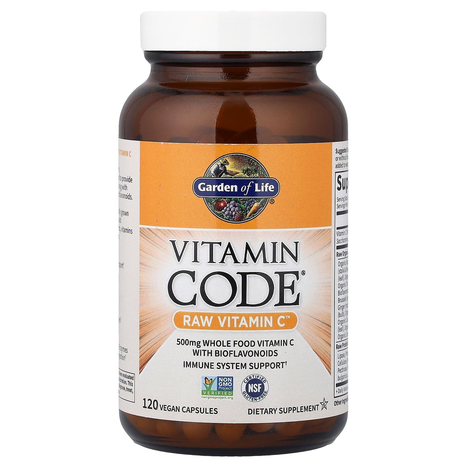 Garden of Life Raw Vitamin C label featuring 23 fruits and vegetables for antioxidants.