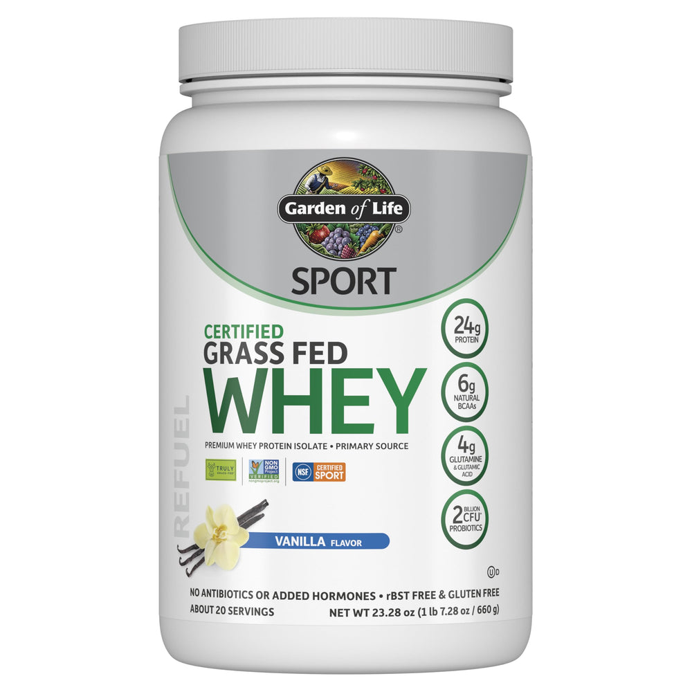 Garden of Life SPORT vanilla grass-fed whey protein tub for post-workout recovery