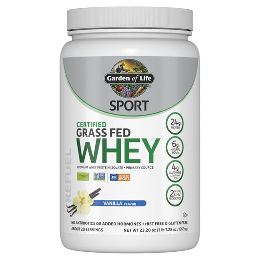 Garden of Life SPORT vanilla grass-fed whey protein tub for post-workout recovery