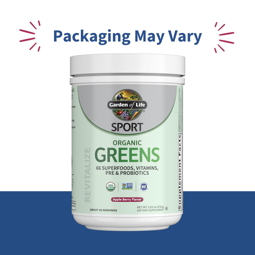 Garden of Life Sport Greens Apple Berry tub label, highlighting organic certifications and natural ingredients.