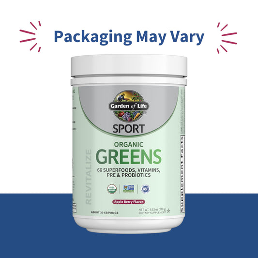 Garden of Life Sport Greens Apple Berry tub label, highlighting organic certifications and natural ingredients.
