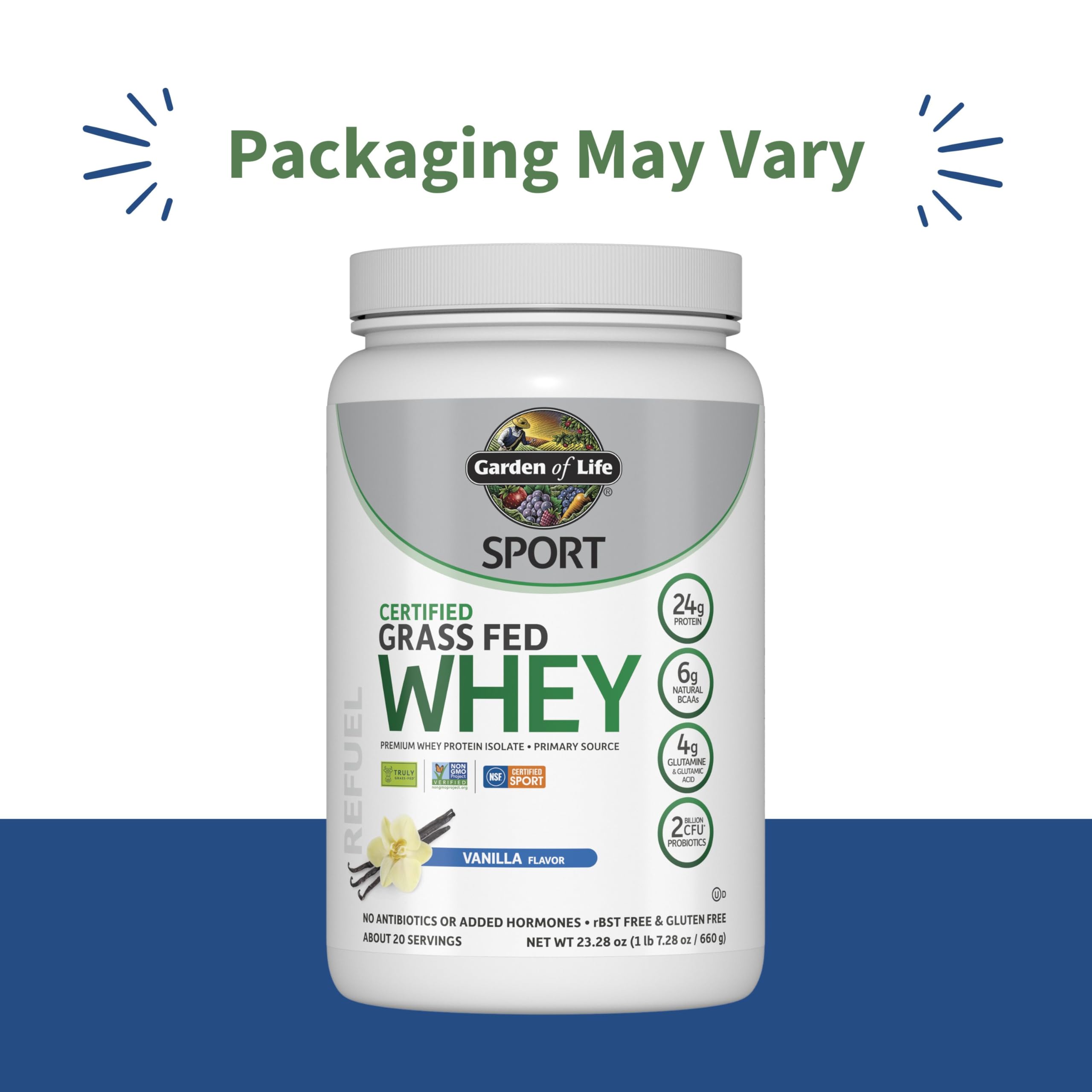 Garden of Life SPORT vanilla whey protein being poured for a smooth post-workout shake