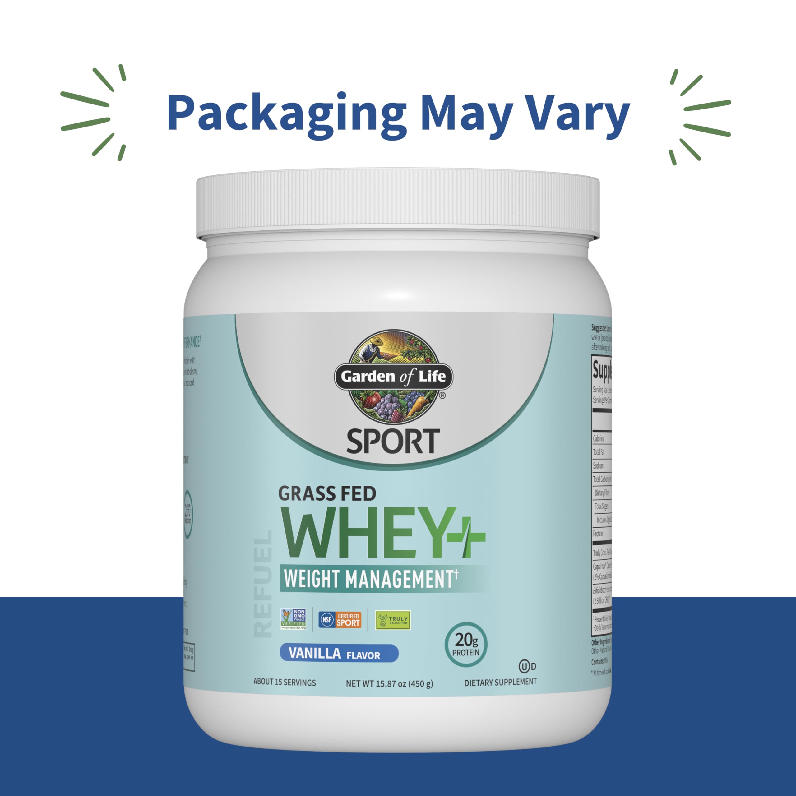 Garden of Life SPORT Whey Plus vanilla powder tub for quick shakes.