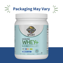 Garden of Life SPORT Whey Plus vanilla powder tub for quick shakes.