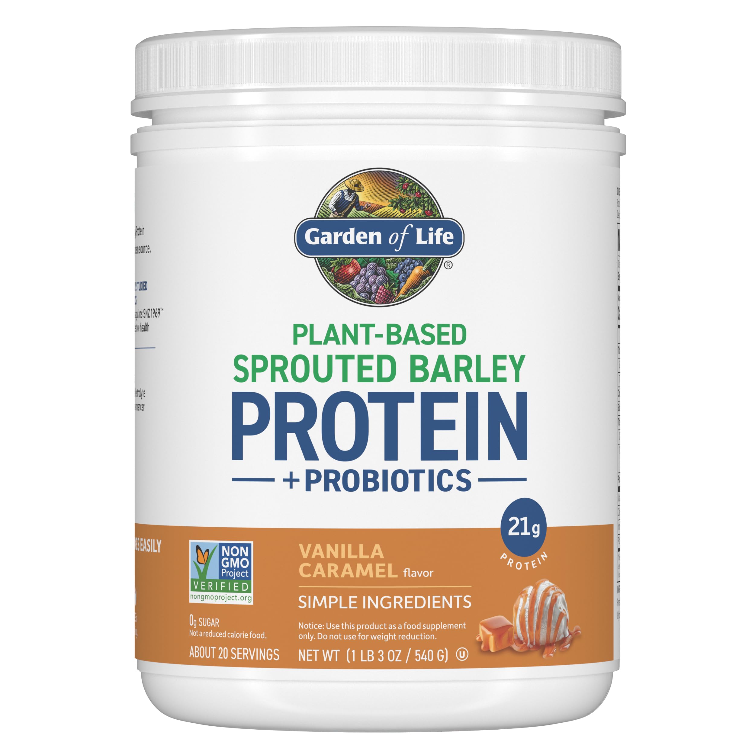 Garden of Life bottle shows 21g protein per serving for post-workout fuel.