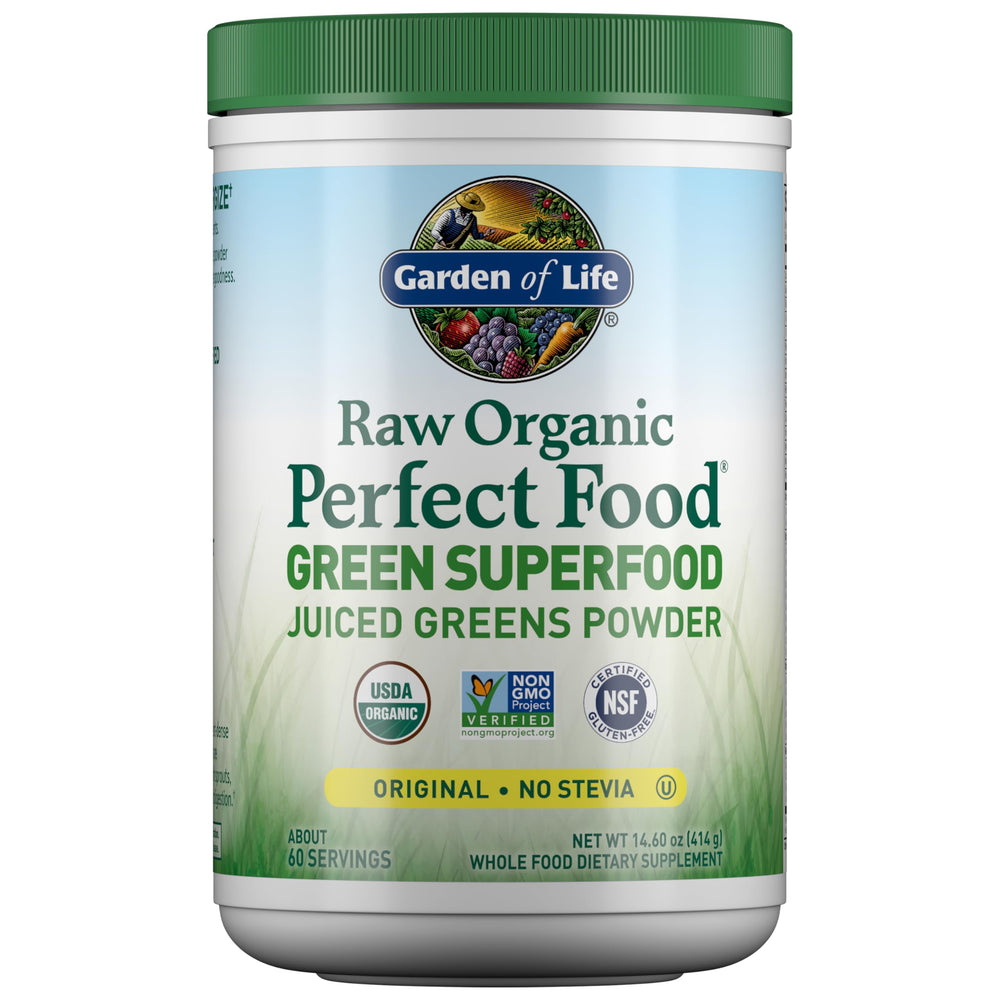 Garden of Life Super Greens bottle on kitchen counter boosts daily greens intake