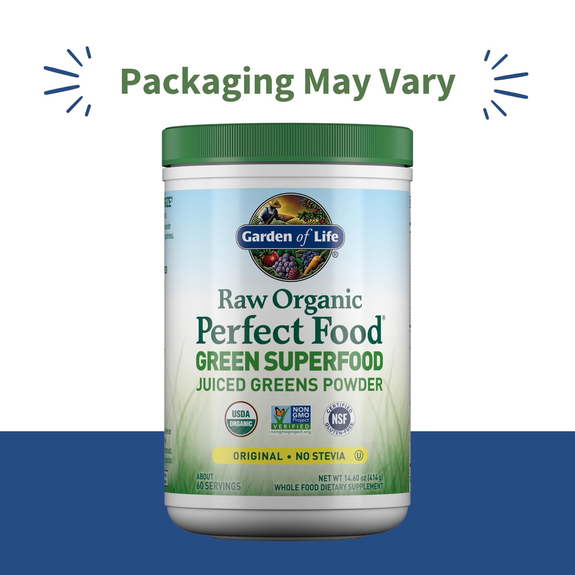 Garden of Life Super Greens scoop with powder next to fresh fruits highlights convenience for busy mornings