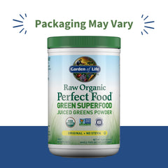 Garden of Life Super Greens scoop with powder next to fresh fruits highlights convenience for busy mornings