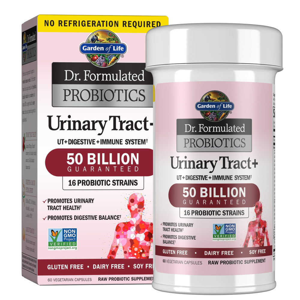 Garden of Life Urinary Tract+ bottle with 60 vegetarian capsules for daily probiotic support.