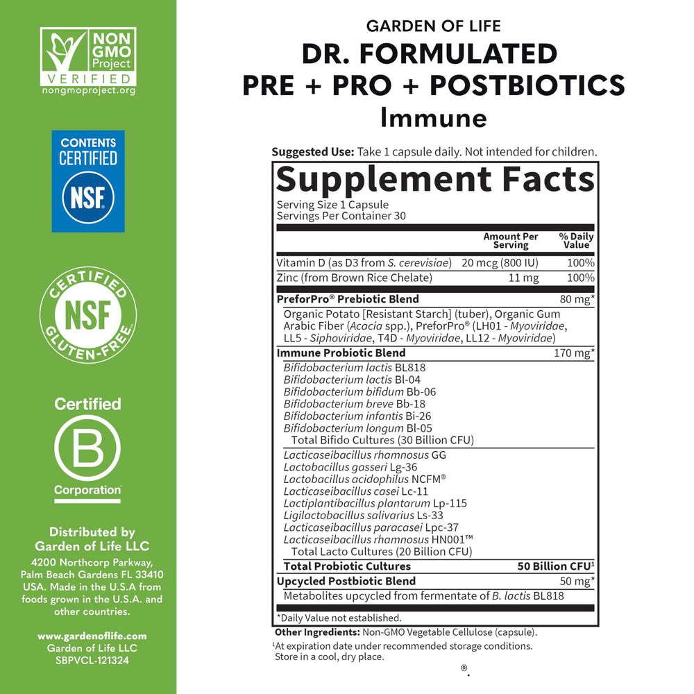 Garden of Life vegan, non-GMO probiotics bottle on shelf.