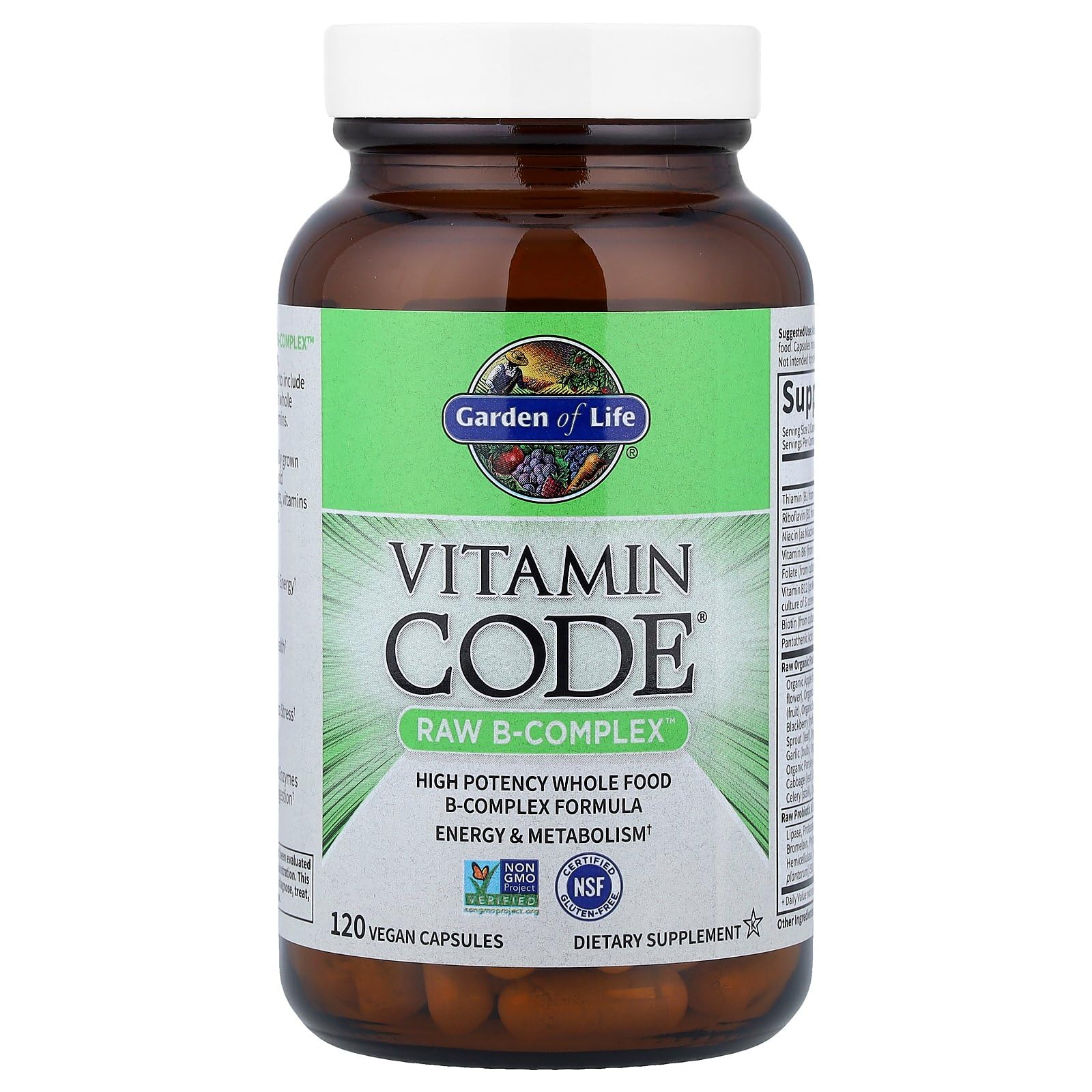 Garden of Life Vitamin B Complex capsules close-up, non-GMO and gluten-free.