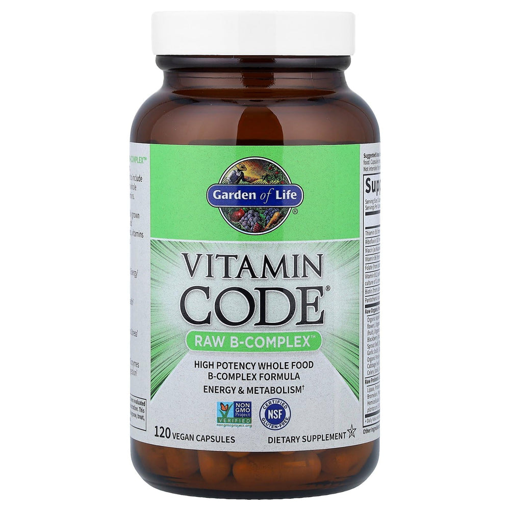 Garden of Life Vitamin B Complex capsules close-up, non-GMO and gluten-free.