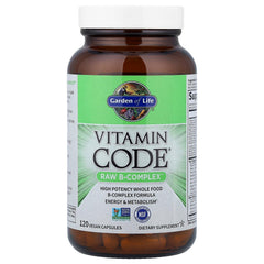 Garden of Life Vitamin B Complex capsules close-up, non-GMO and gluten-free.