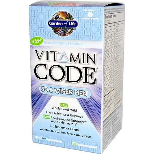 Garden of Life Vitamin Code 50 & Wiser Men bottle close-up for daily energy support.