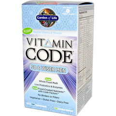 Garden of Life Vitamin Code 50 & Wiser Men bottle close-up for daily energy support.