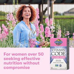 Garden of Life Vitamin Code 50 & Wiser Women daily routine with glass of water