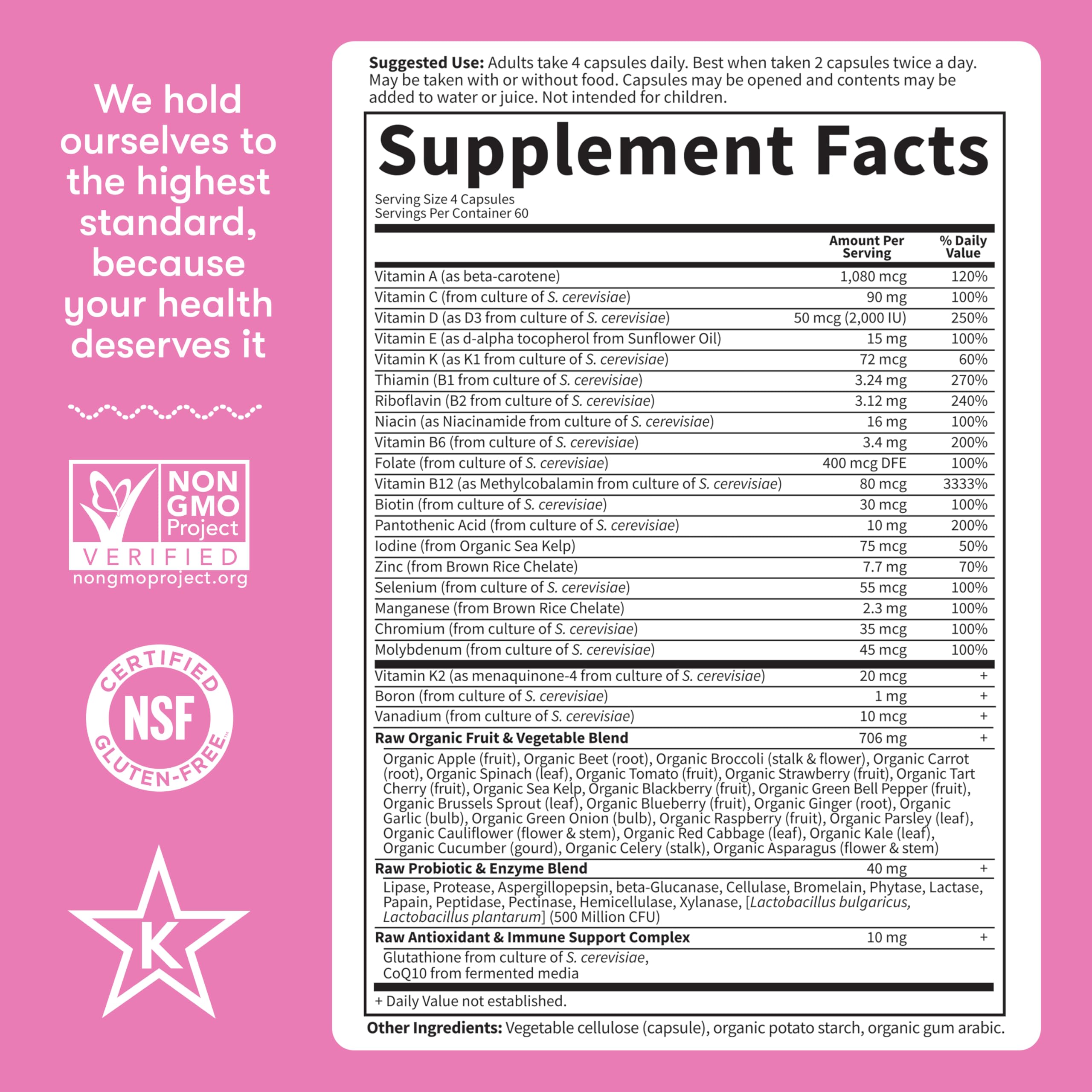 Garden of Life Vitamin Code 50 & Wiser Women non-GMO gluten-free kosher certification on packaging