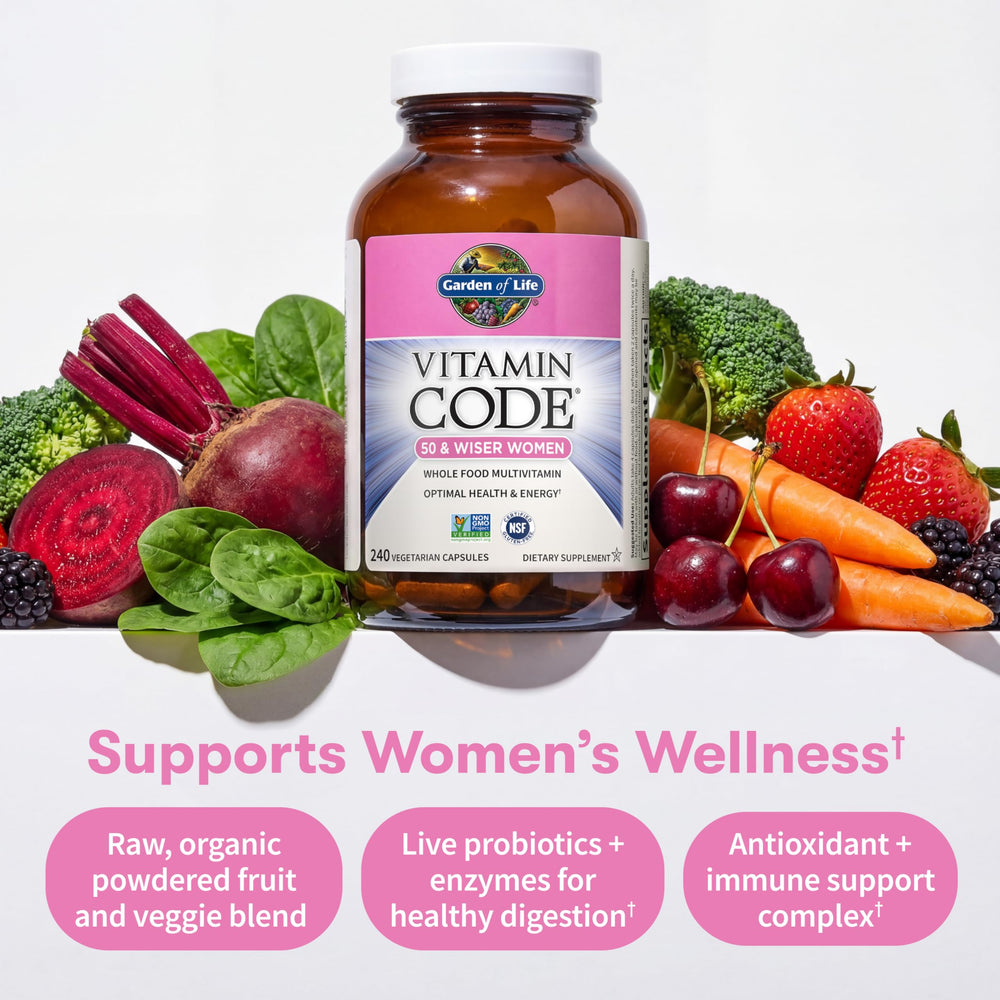 Garden of Life Vitamin Code 50 & Wiser Women probiotic and enzyme blend imagery