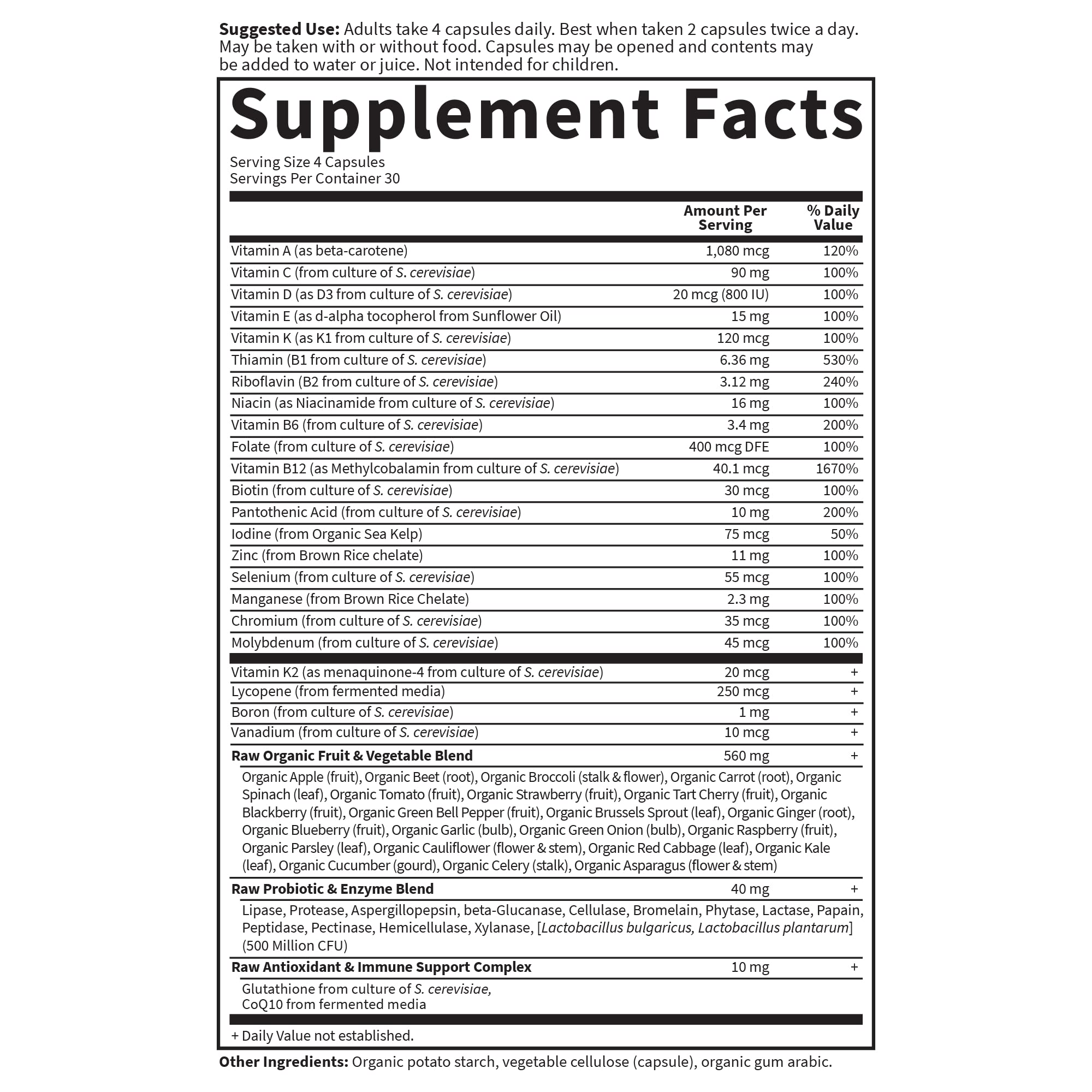 Capsules with information on RAW processing and digestive enzyme support.