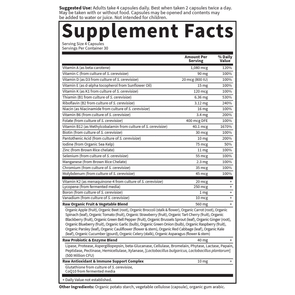 Capsules with information on RAW processing and digestive enzyme support.