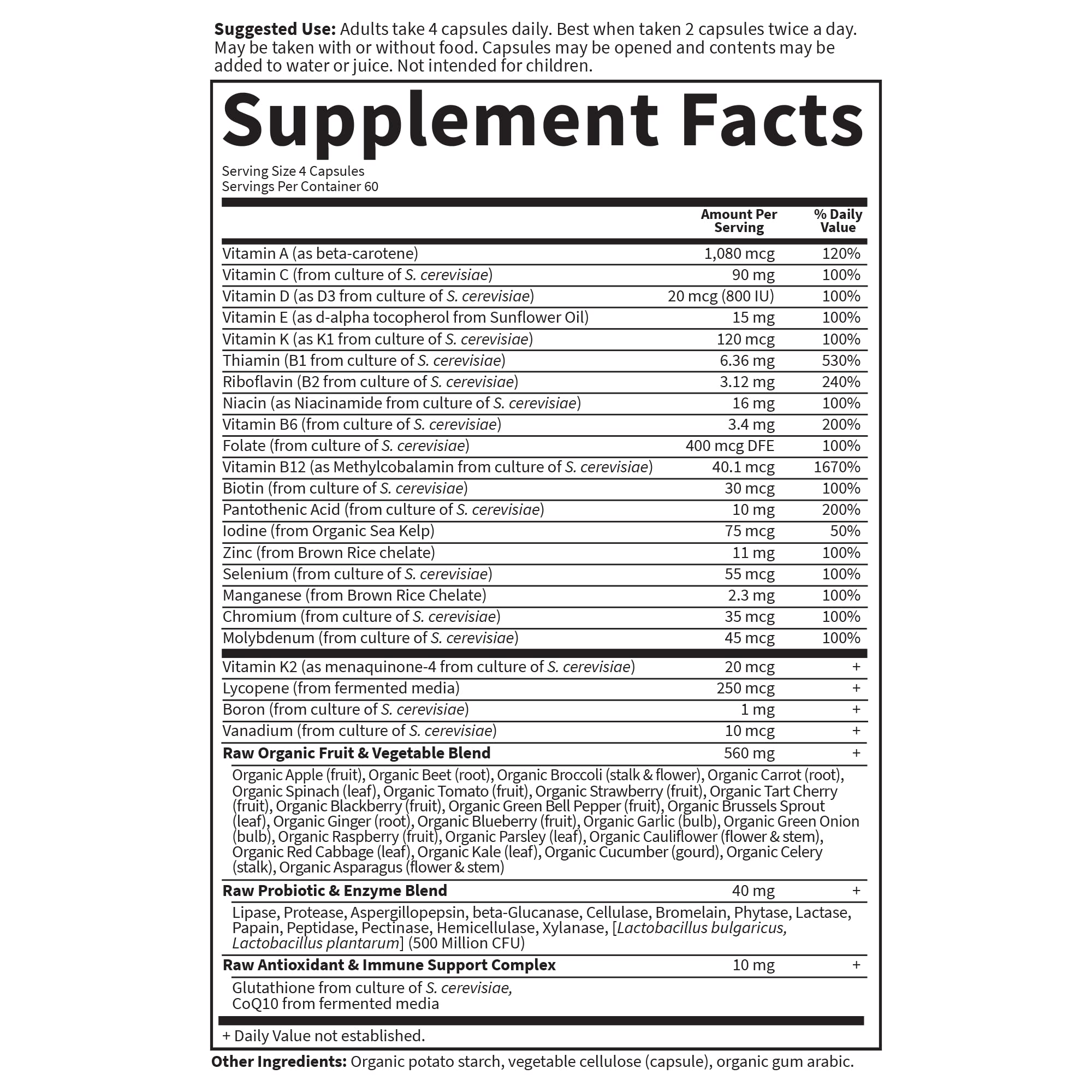 Raw fruits and vegetables in Vitamin Code Men for antioxidant support.