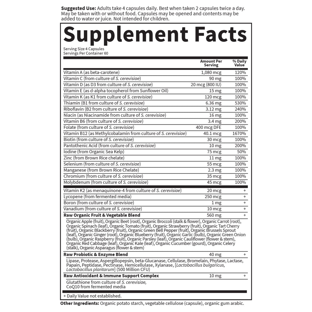 Raw fruits and vegetables in Vitamin Code Men for antioxidant support.
