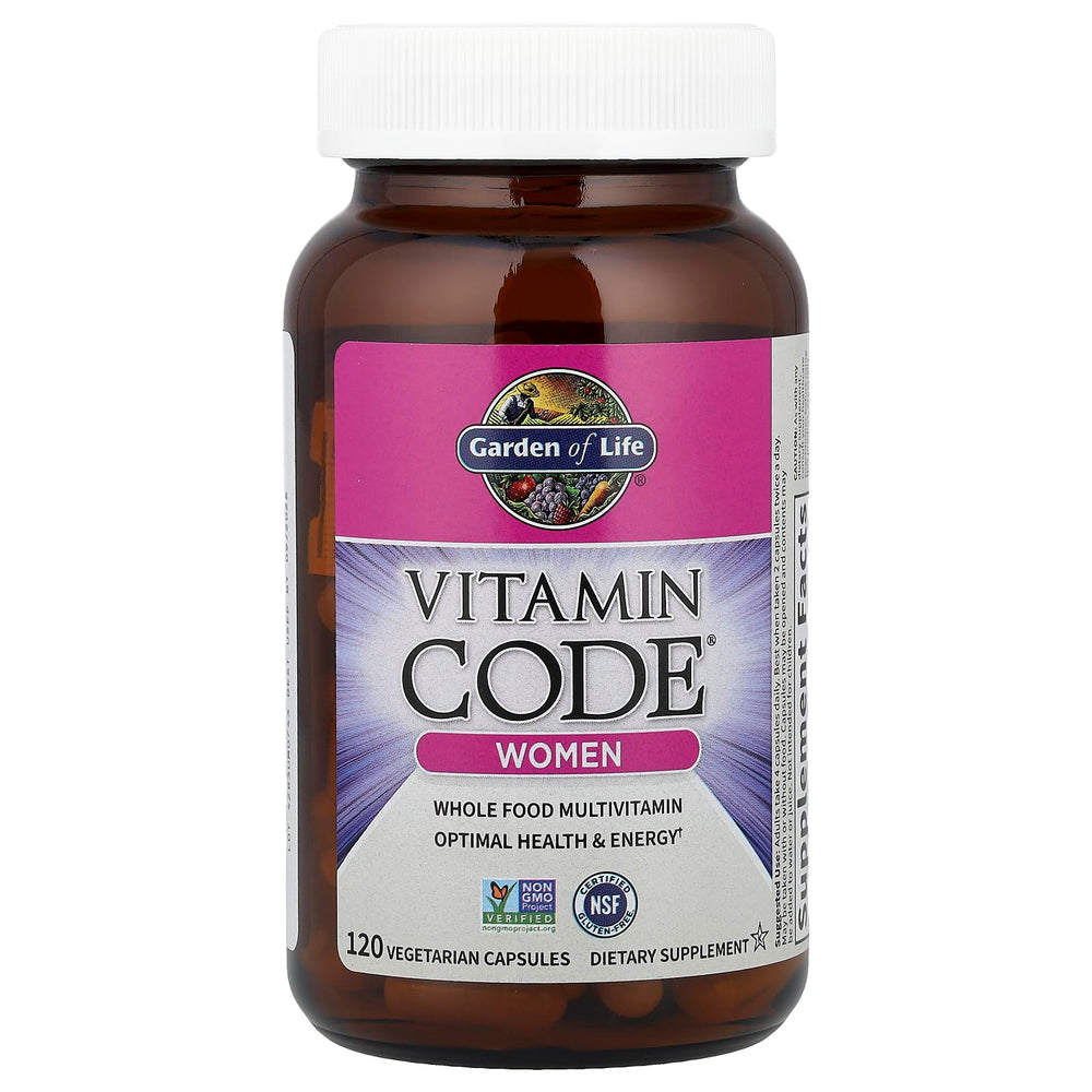 Garden of Life Vitamin Code Mujeres, cápsulas dentro del envase, fácil de tomar cada día.