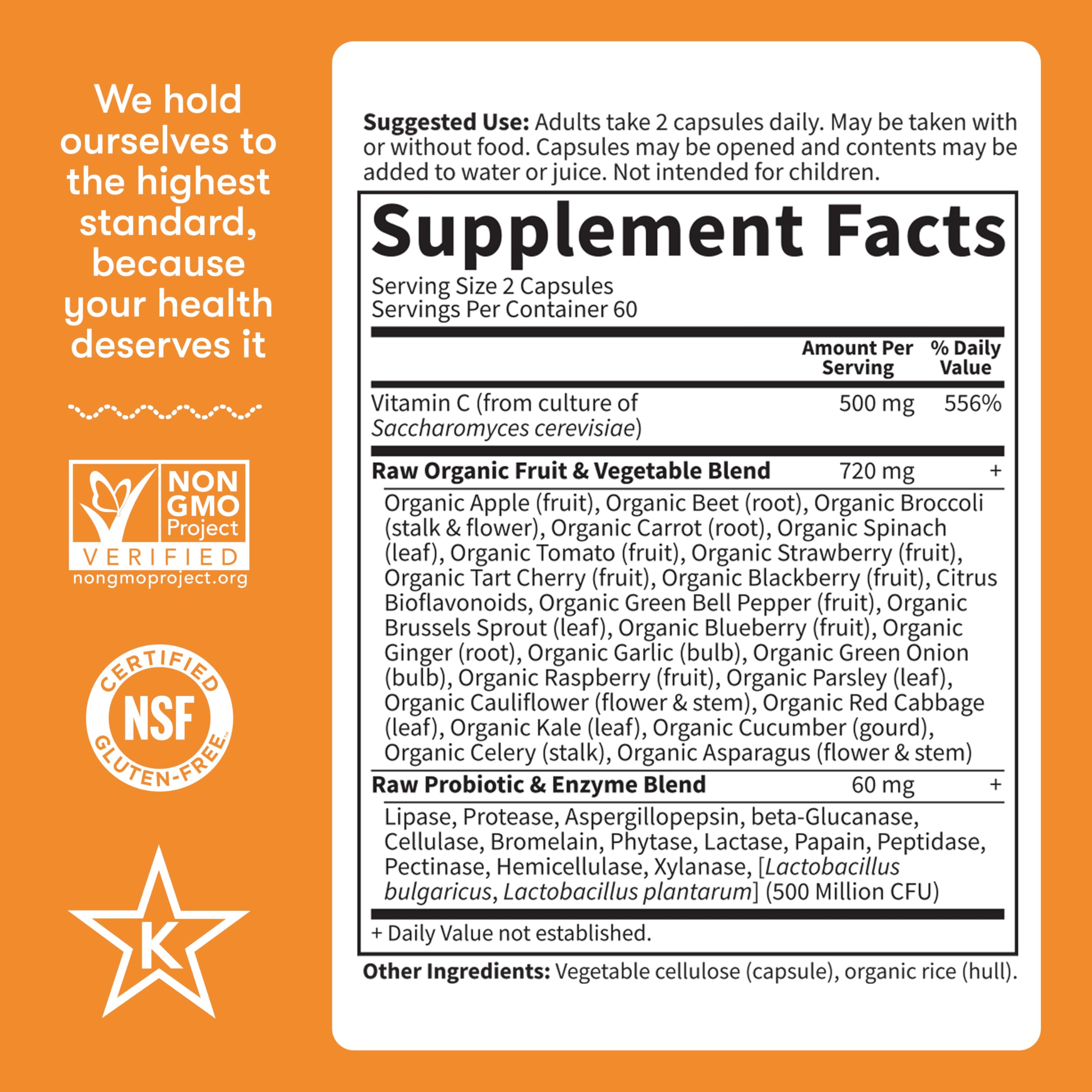 Garden of Life Vitamin Code packaging notes non-GMO, gluten-free, vegan, and kosher certification.