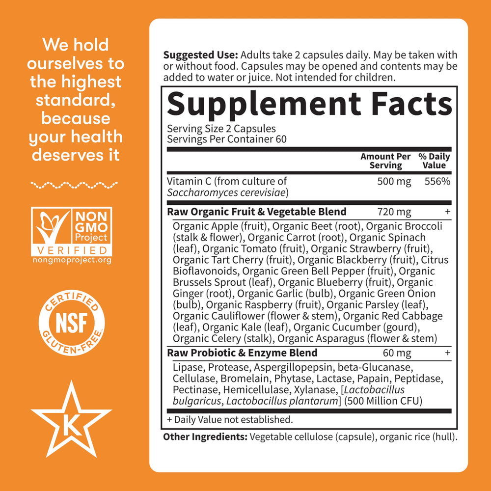 Garden of Life Vitamin Code packaging notes non-GMO, gluten-free, vegan, and kosher certification.