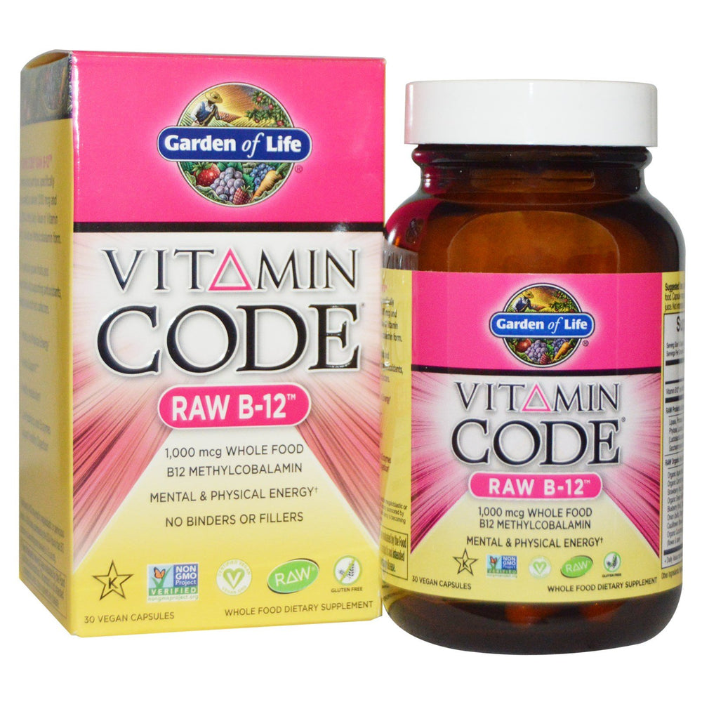 Garden of Life Vitamin Code RAW B-12 bottle close-up; supports metabolism and energy.