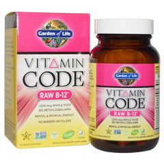 Garden of Life Vitamin Code RAW B-12 bottle close-up; supports metabolism and energy.