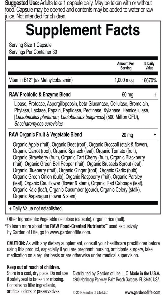 Garden of Life RAW B-12 label close-up highlighting 1000 mcg per capsule.