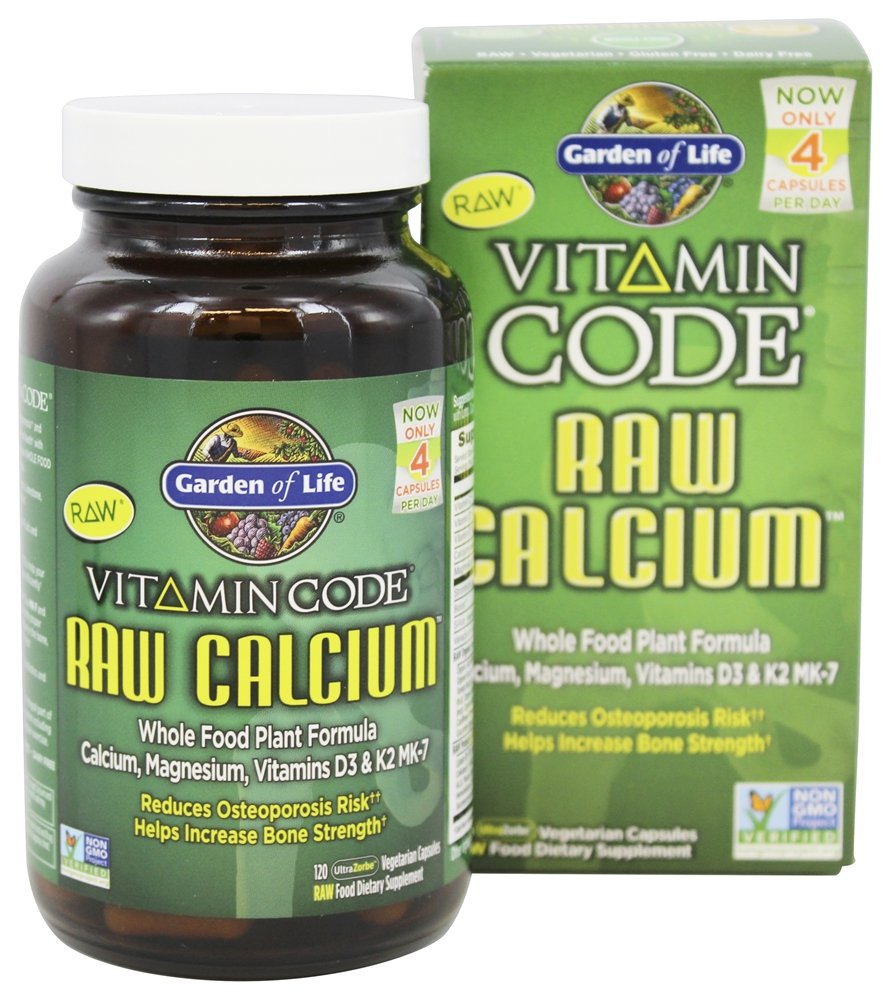 Garden of Life Vitamin Code RAW Calcium bottle close-up highlighting plant-based calcium and RAW nutrients.