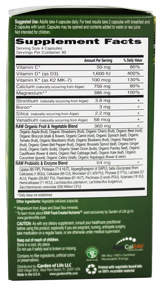 Garden of Life Vitamin Code RAW Calcium capsules close-up emphasizing vegetarian supplementation.