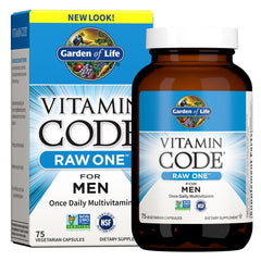 Garden of Life Vitamin Code Raw One for Men bottle with capsules for daily vitality.