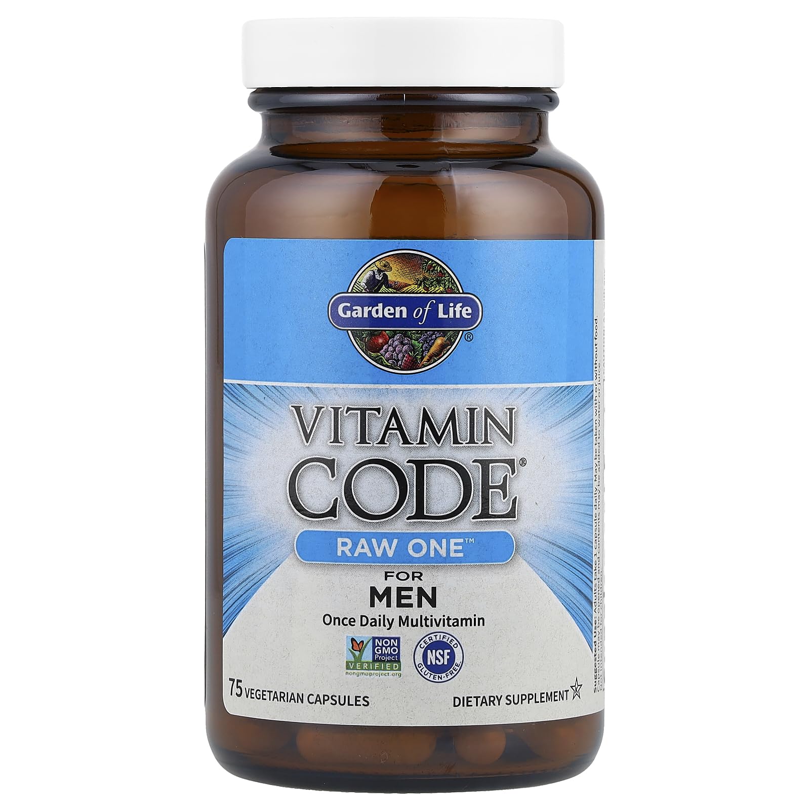 Garden of Life Vitamin Code Raw One for Men label highlights whole-food nutrients and RAW processing.