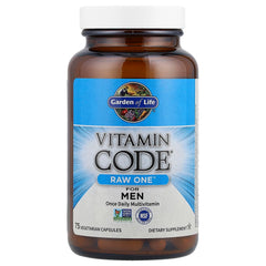 Garden of Life Vitamin Code Raw One for Men label highlights whole-food nutrients and RAW processing.