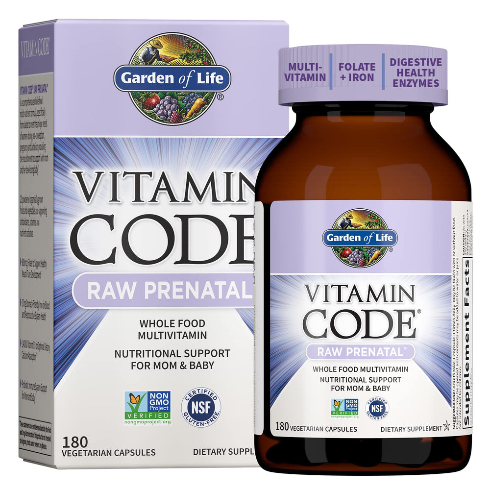 Garden of Life Vitamin Code RAW Prenatal bottle front view showing whole-food nutrients for mom.